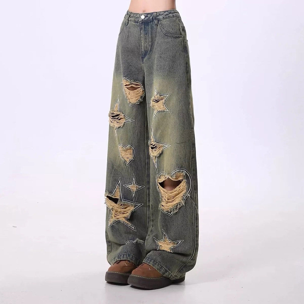 VINTAGE WIDE-LEG FADED DENIM JEANS WITH HEART-SHAPED CUTOUTS AND STAR DISTRESSED DETAILS