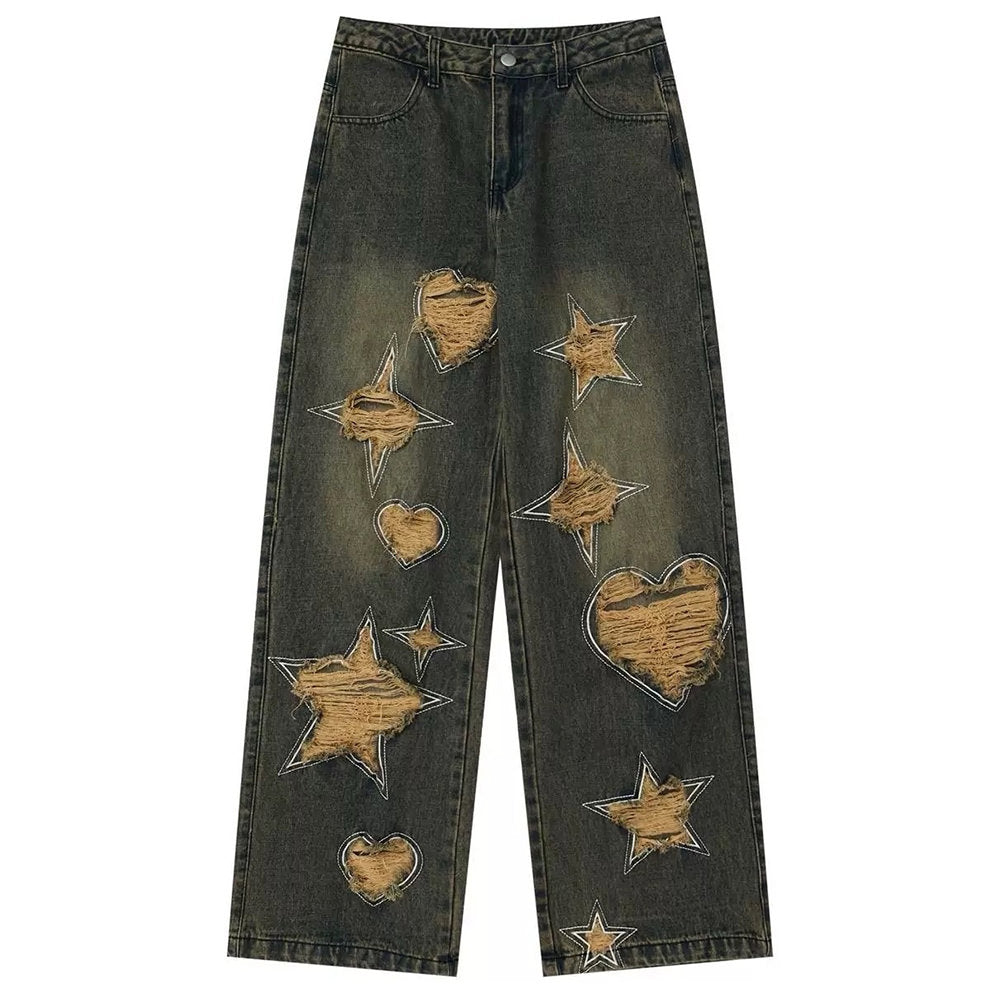 VINTAGE WIDE-LEG FADED DENIM JEANS WITH HEART-SHAPED CUTOUTS AND STAR DISTRESSED DETAILS