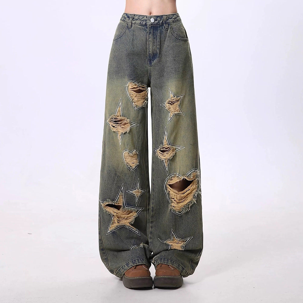 VINTAGE WIDE-LEG FADED DENIM JEANS WITH HEART-SHAPED CUTOUTS AND STAR DISTRESSED DETAILS
