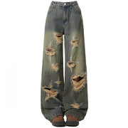 VINTAGE WIDE-LEG FADED DENIM JEANS WITH HEART-SHAPED CUTOUTS AND STAR DISTRESSED DETAILS