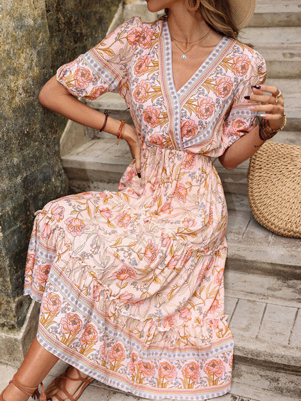 Vintage Women’s Pink Fungus Print V-Neck Midi Dress