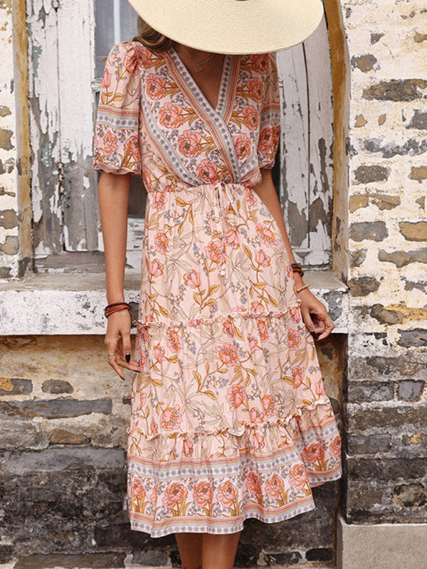 Vintage Women’s Pink Fungus Print V-Neck Midi Dress