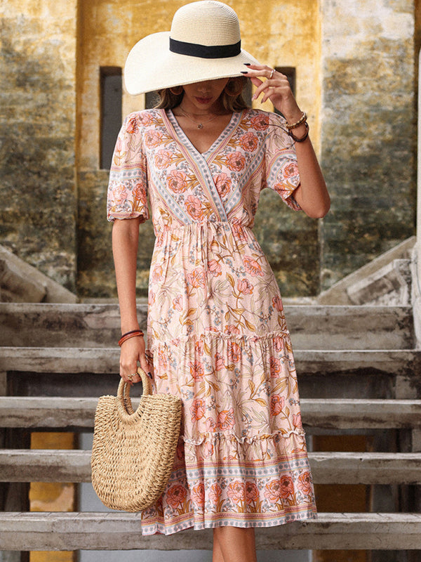 Vintage Women’s Pink Fungus Print V-Neck Midi Dress