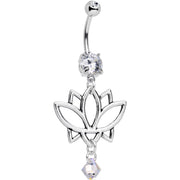 Clear Gem Lotus Flower Dangle Belly Ring Created with Crystals