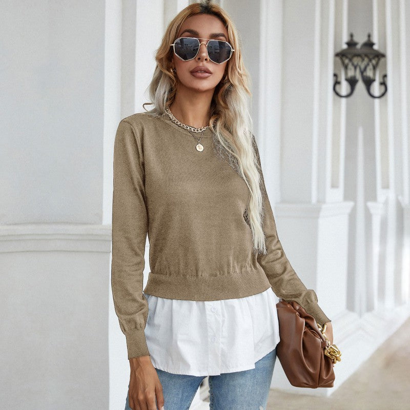 women's slim knitted stitching shirt fake two-piece sweater - Closther