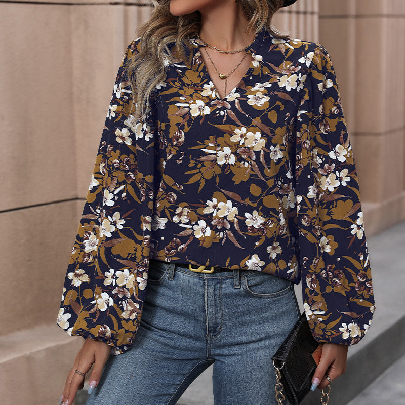 Women's new floral V-neck floral print long-sleeved French retro shirt - Closther