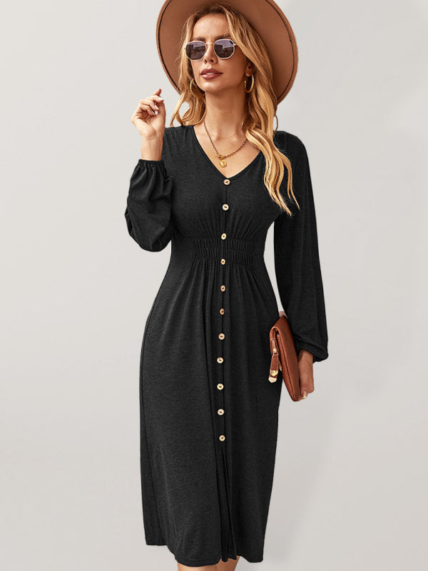 Waist slimming A-line skirt V-neck elastic elastic sexy dress - Black / S