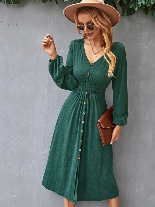 Waist slimming A-line skirt V-neck elastic elastic sexy dress - Green / S