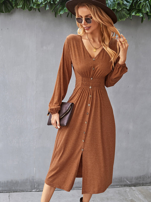 Waist slimming A-line skirt V-neck elastic elastic sexy dress - Orange / S