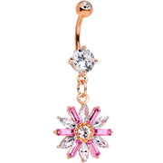 Pink CZ Gem Rose Gold Tone Anodized Fancy Flower Dangle Belly Ring