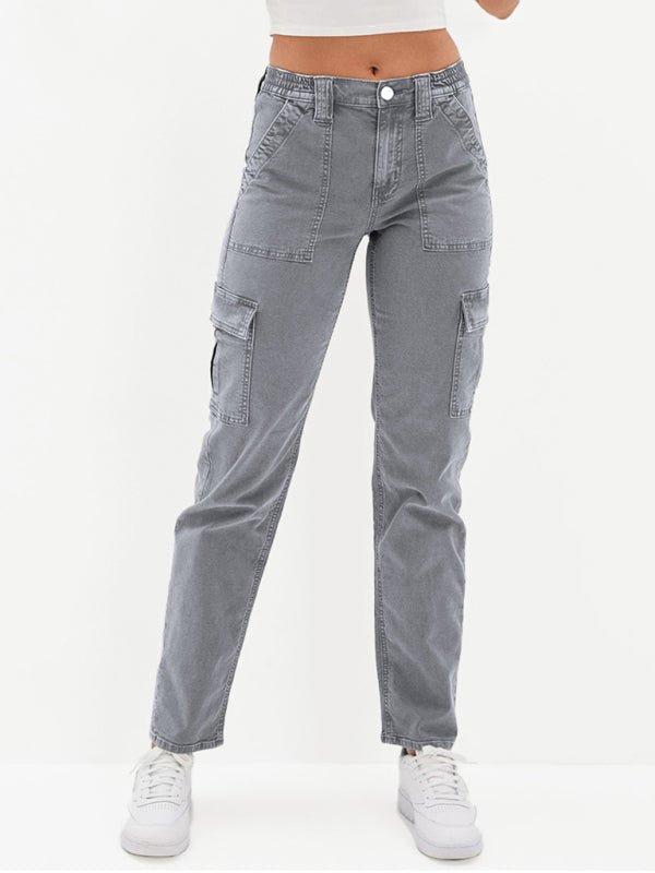 Washed Button Casual Ladies Cotton Trousers - Grey / S
