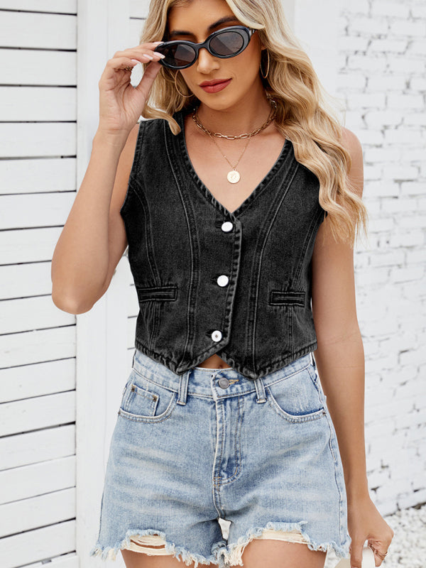 Washed Denim Vest Hot Girl Vest Top - Black / S