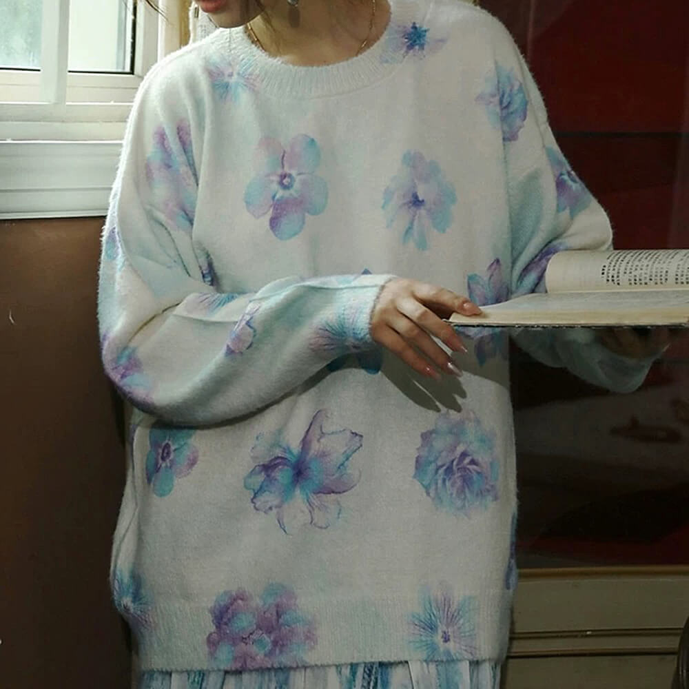 WATERCOLOR FLORAL SWEATER HIGH-QUALITY POLYESTER