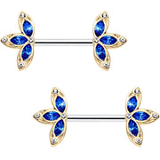 14G 9/16 Clear Blue Gem Fleur de Seins Barbell Nipple Ring Set