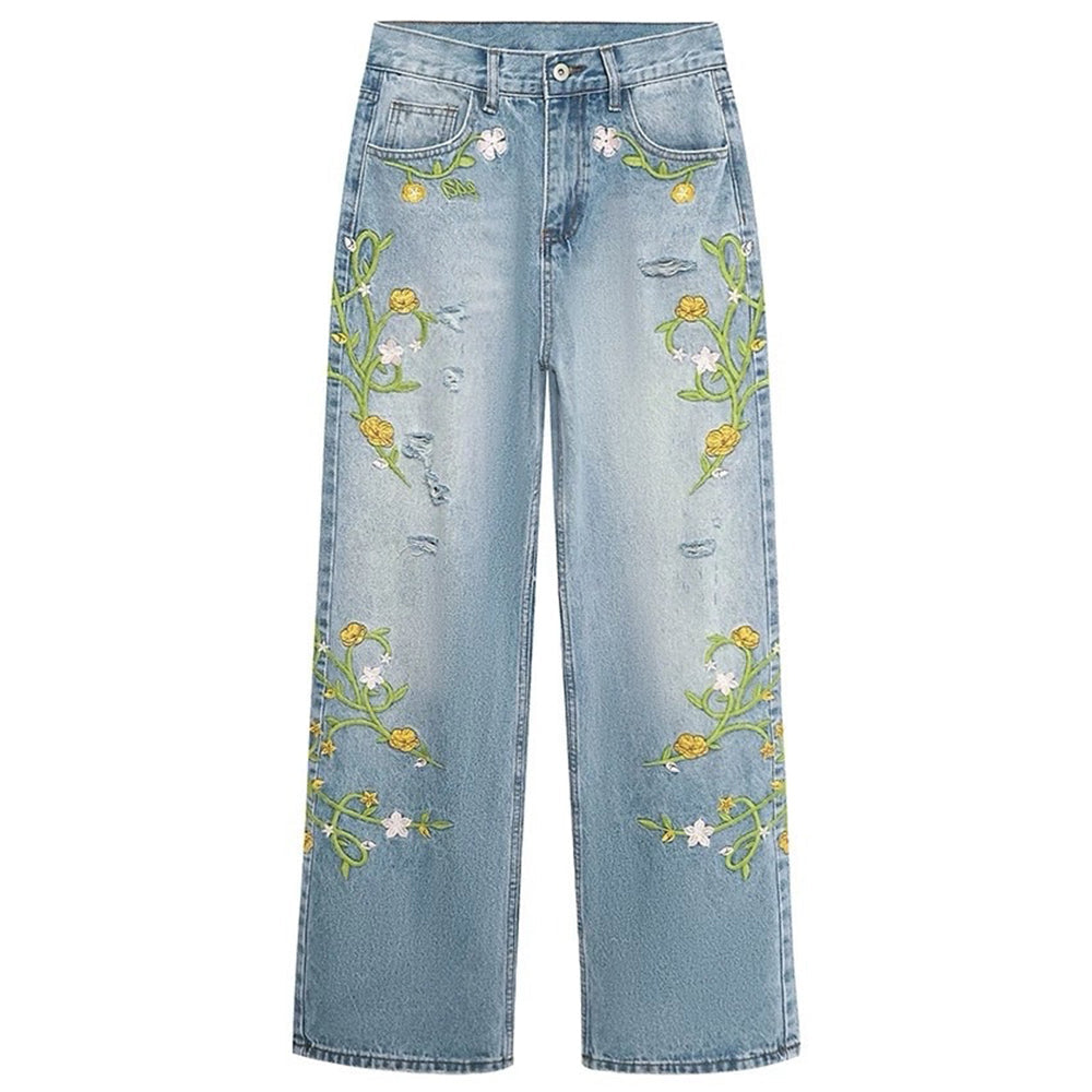 WHIMSICAL BLOOM WIDE-LEG JEANS FOR EVERYDAY WEAR WITH FAIRYCORE EMBROIDERY