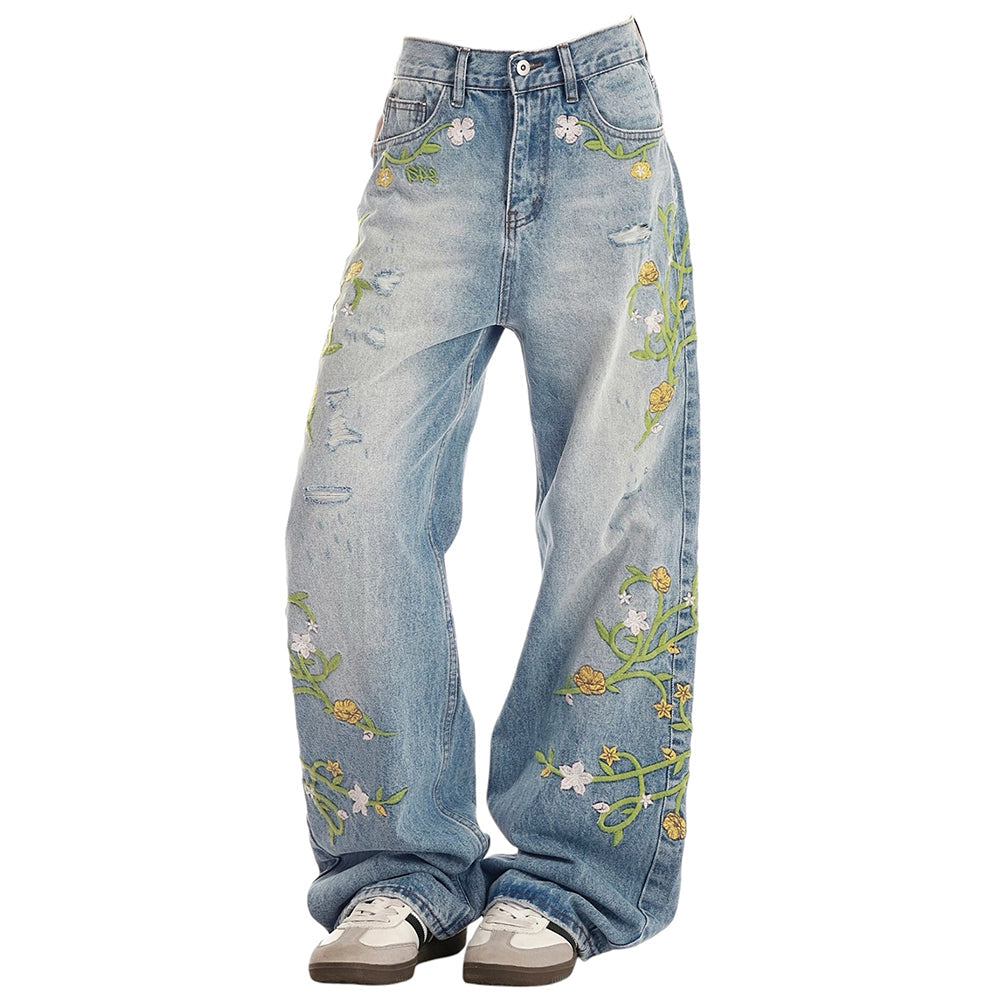 WHIMSICAL BLOOM WIDE-LEG JEANS FOR EVERYDAY WEAR WITH FAIRYCORE EMBROIDERY
