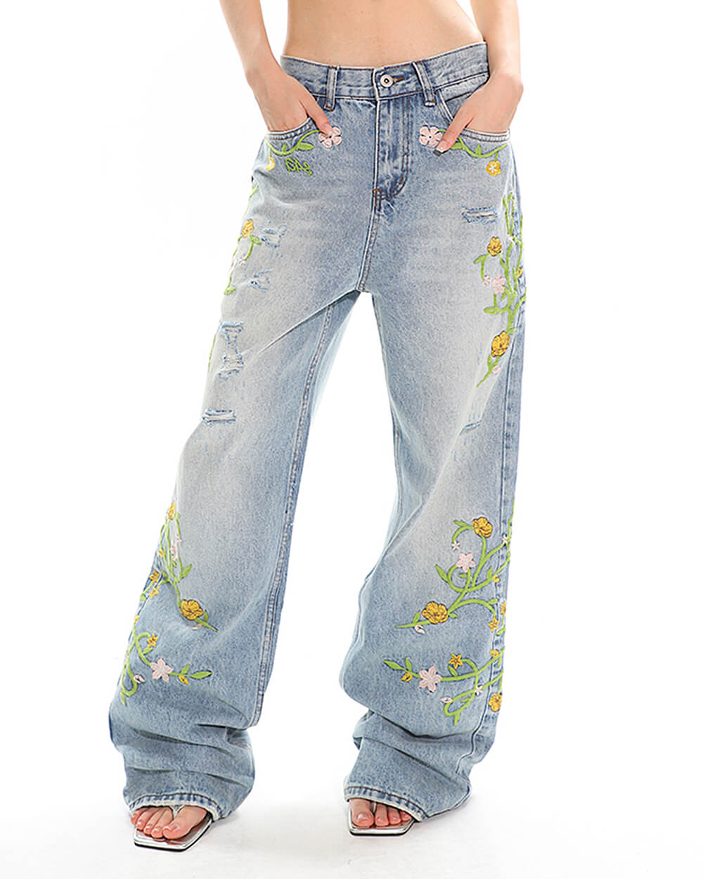 WHIMSICAL BLOOM WIDE-LEG JEANS FOR EVERYDAY WEAR WITH FAIRYCORE EMBROIDERY