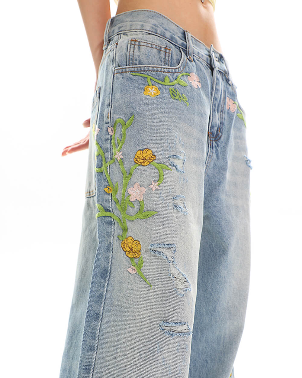 WHIMSICAL BLOOM WIDE-LEG JEANS FOR EVERYDAY WEAR WITH FAIRYCORE EMBROIDERY