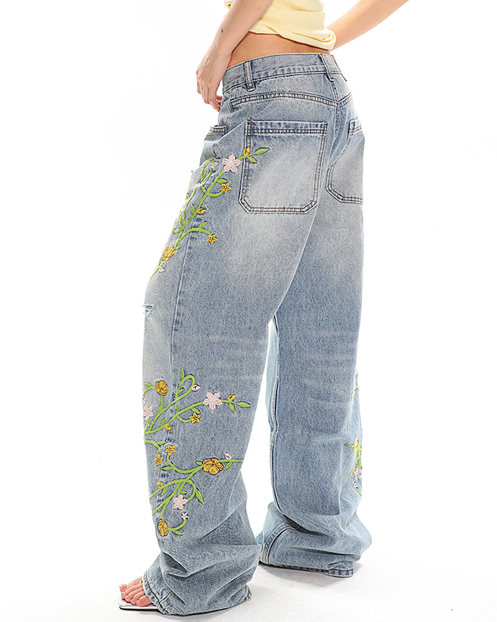 WHIMSICAL BLOOM WIDE-LEG JEANS FOR EVERYDAY WEAR WITH FAIRYCORE EMBROIDERY