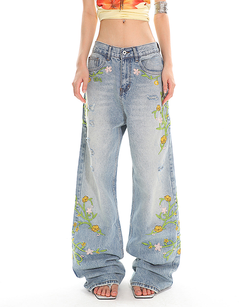 WHIMSICAL BLOOM WIDE-LEG JEANS FOR EVERYDAY WEAR WITH FAIRYCORE EMBROIDERY