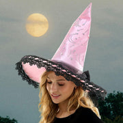 Whimsical Lace Trim Starry Rhinestone Studded Halloween Witch Hat