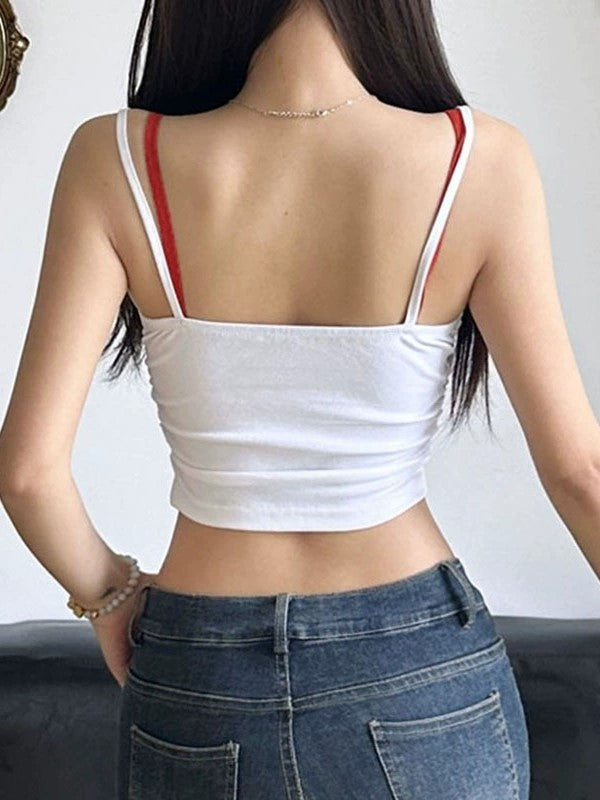 WHITE AND RED CHECK PATCHWORK CAMI TANK TOP
