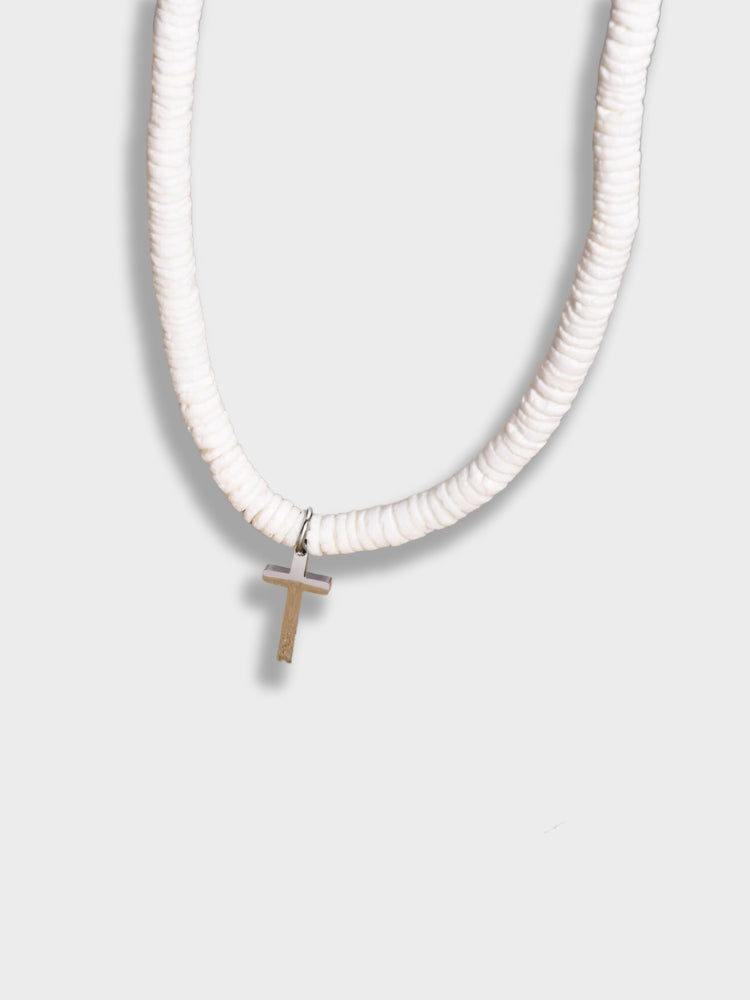 WHITE BEADED NECKLACE WITH SILVER CROSS - ELEGANT JEWELRY ACCESSORY