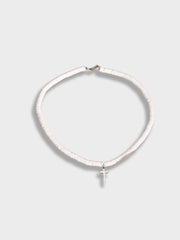 WHITE BEADED NECKLACE WITH SILVER CROSS - ELEGANT JEWELRY ACCESSORY