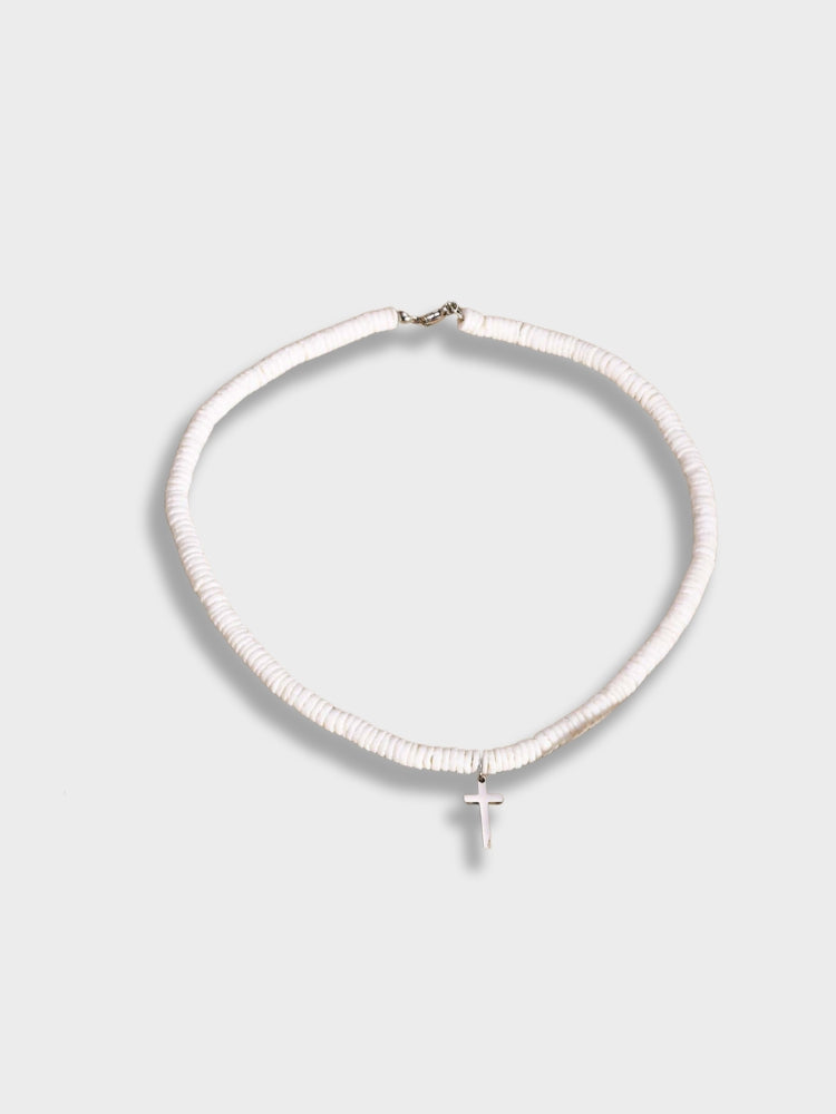 WHITE BEADED NECKLACE WITH SILVER CROSS - ELEGANT JEWELRY ACCESSORY