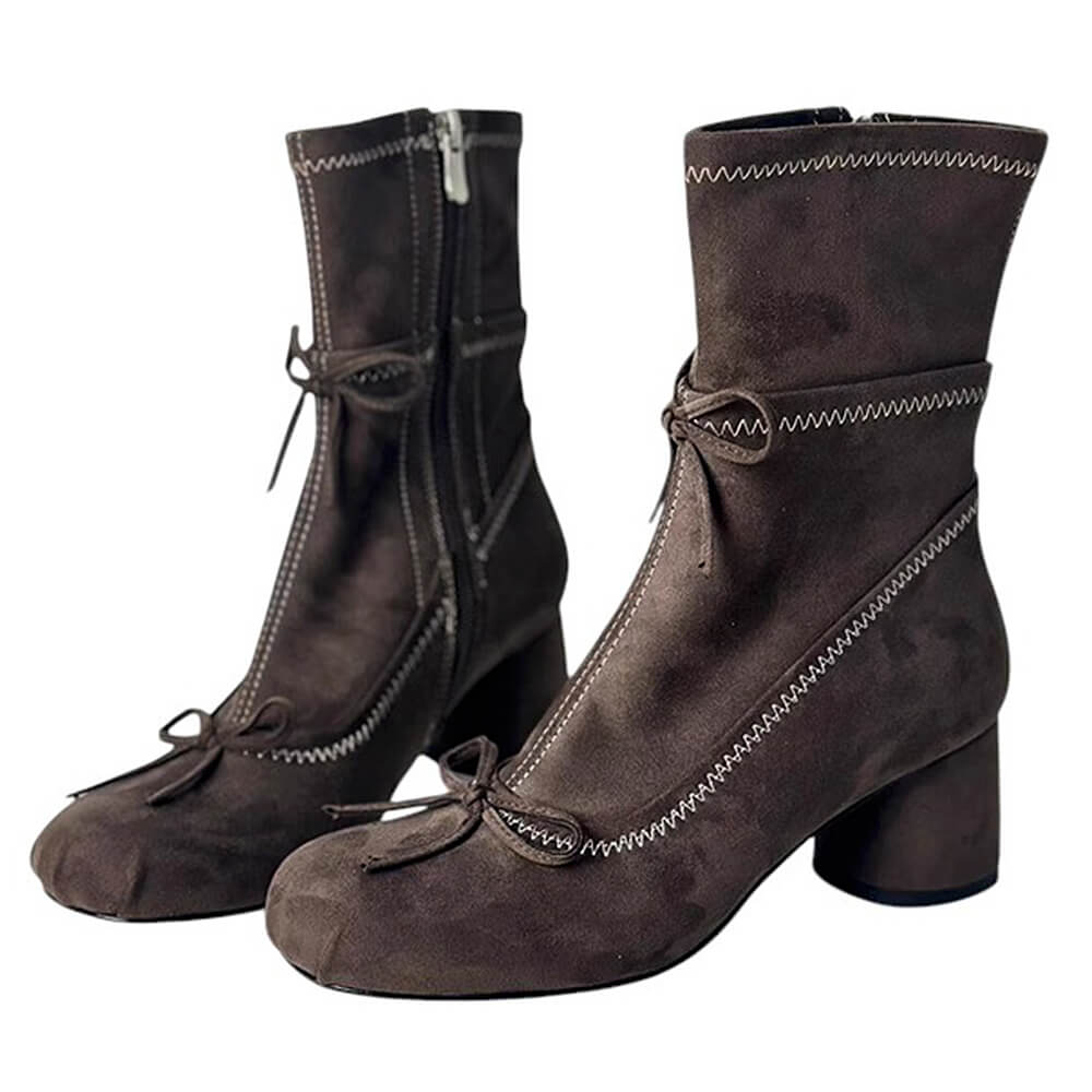 WHITE BOW DETAILS ANKLE BOOTS WITH SQUARE TOE, PAIR