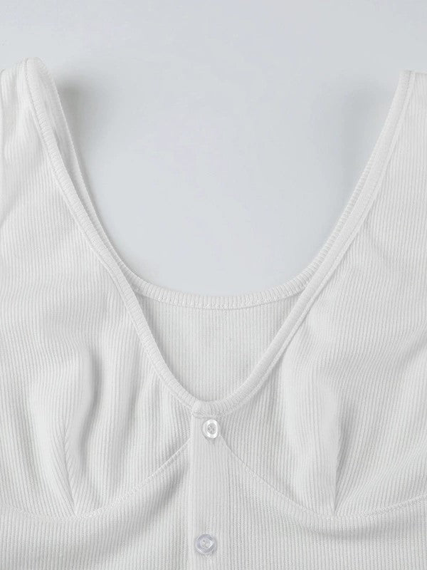 WHITE BUTTON-UP TANK TOP WITH ELEGANT V-NECK SLEEVELESS DESIGN