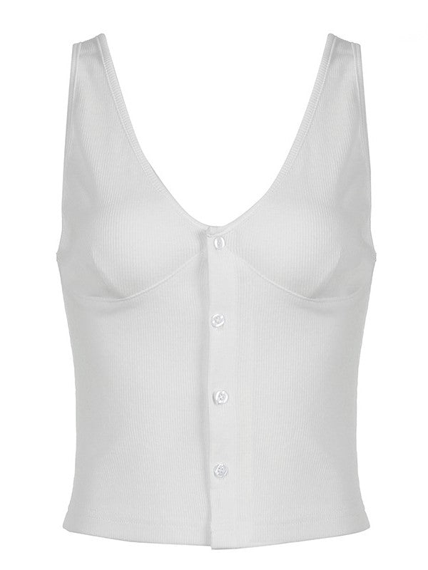 WHITE BUTTON-UP TANK TOP WITH ELEGANT V-NECK SLEEVELESS DESIGN