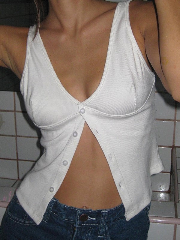 WHITE BUTTON-UP TANK TOP WITH ELEGANT V-NECK SLEEVELESS DESIGN