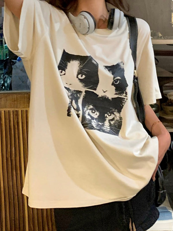WHITE CAT PRINT T-SHIRT - CASUAL CAT PRINT DESIGN