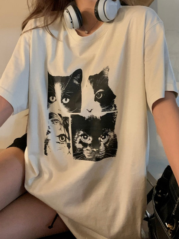 WHITE CAT PRINT T-SHIRT - CASUAL CAT PRINT DESIGN