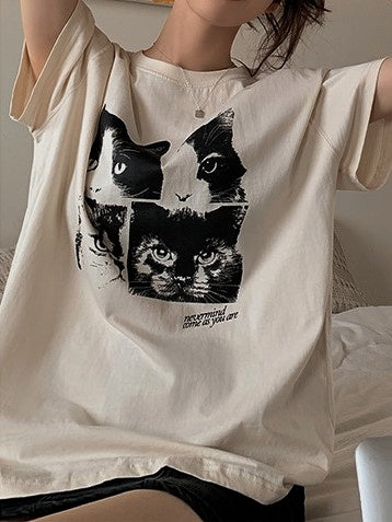 WHITE CAT PRINT T-SHIRT - CASUAL CAT PRINT DESIGN