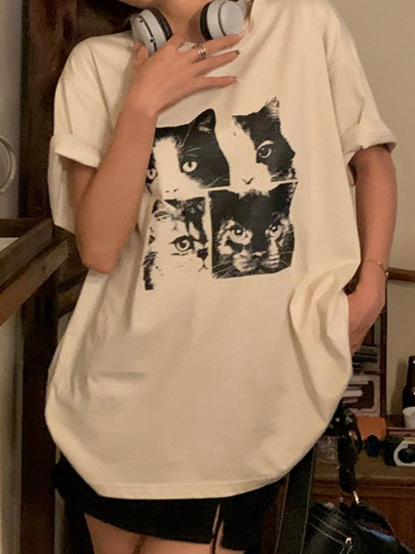 WHITE CAT PRINT T-SHIRT - CASUAL CAT PRINT DESIGN