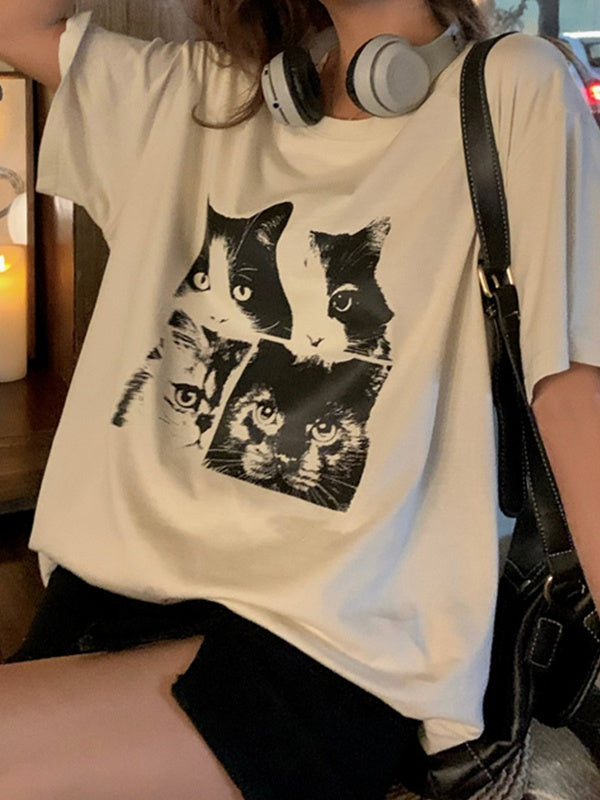 WHITE CAT PRINT T-SHIRT - CASUAL CAT PRINT DESIGN
