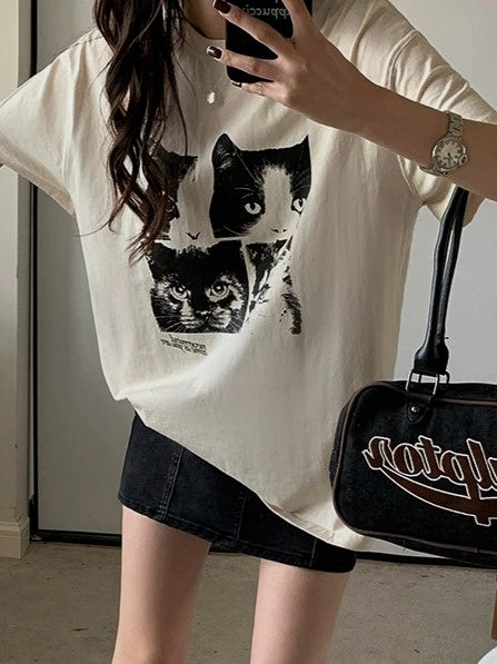 WHITE CAT PRINT T-SHIRT - CASUAL CAT PRINT DESIGN