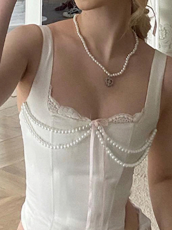 WHITE CORSET TOP WITH PEARL EMBELLISHMENTS CUTE SLIM FIT Y2K