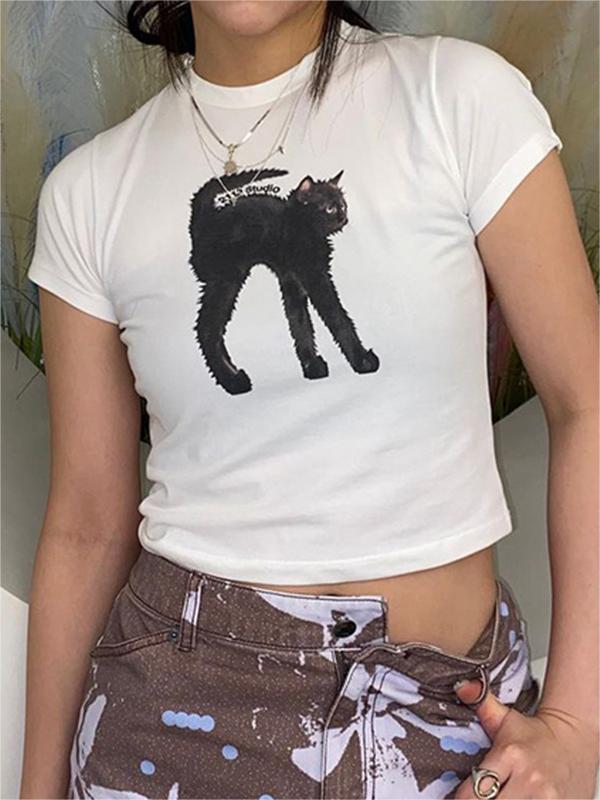 WHITE CROP TOP WITH BLACK CAT GRAPHIC - BLACK CAT PRINT DESIGN