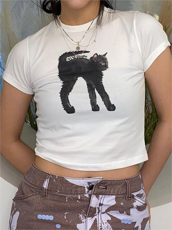 WHITE CROP TOP WITH BLACK CAT GRAPHIC - BLACK CAT PRINT DESIGN