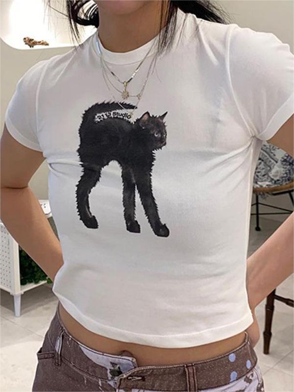 WHITE CROP TOP WITH BLACK CAT GRAPHIC - BLACK CAT PRINT DESIGN