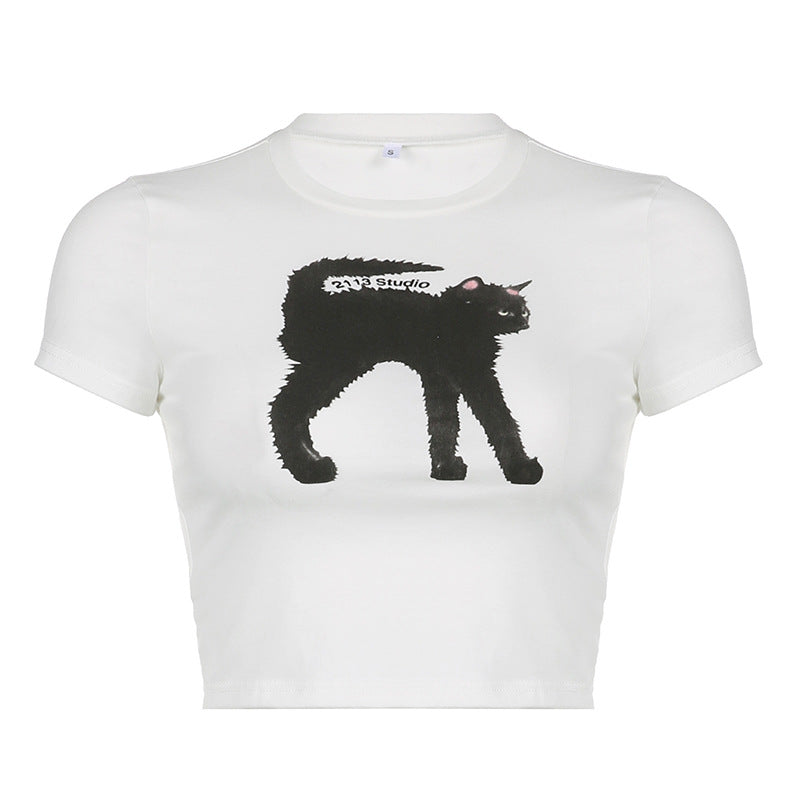WHITE CROP TOP WITH BLACK CAT GRAPHIC - BLACK CAT PRINT DESIGN