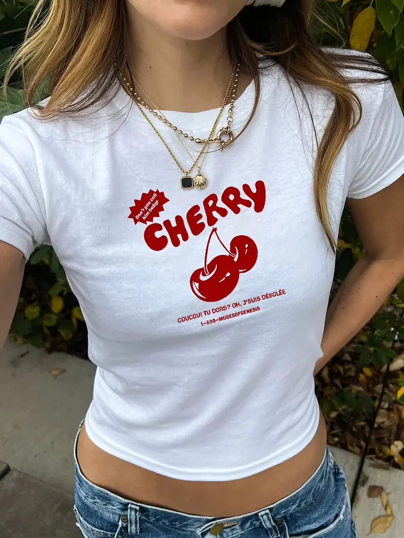 WHITE CROP TOP WITH CHERRY GRAPHIC - RETRO Y2K CROP TOP