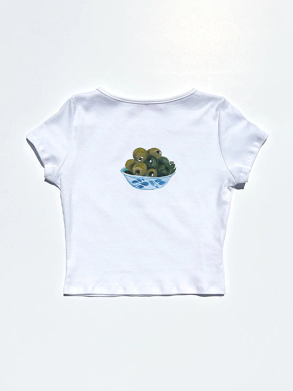 WHITE CROP TOP WITH OLIVES - SHORT SLEEVE VIBRANT FRUIT PATTERN