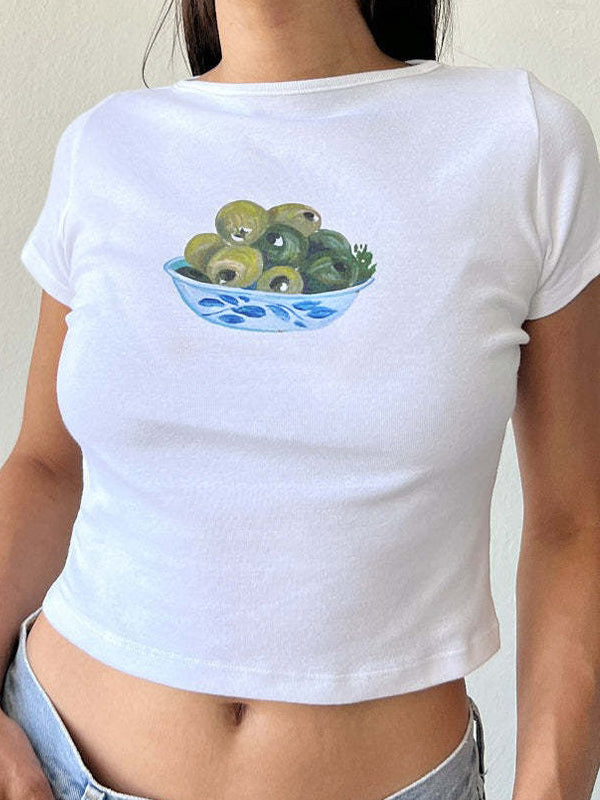 WHITE CROP TOP WITH OLIVES - SHORT SLEEVE VIBRANT FRUIT PATTERN