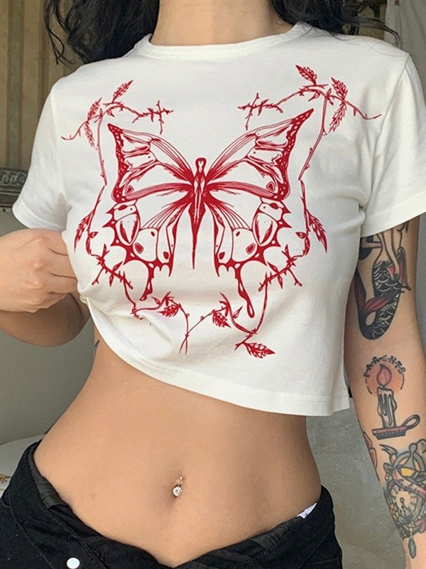 WHITE CROP TOP WITH RED BUTTERFLY GRAPHIC - CUTE Y2K FAIRY GRUNGE
