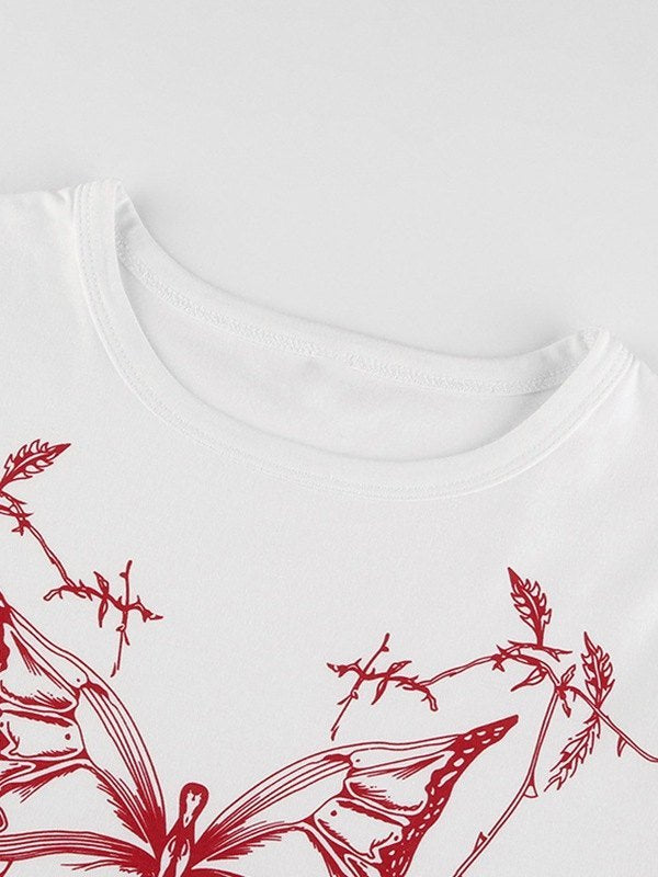 WHITE CROP TOP WITH RED BUTTERFLY GRAPHIC - CUTE Y2K FAIRY GRUNGE
