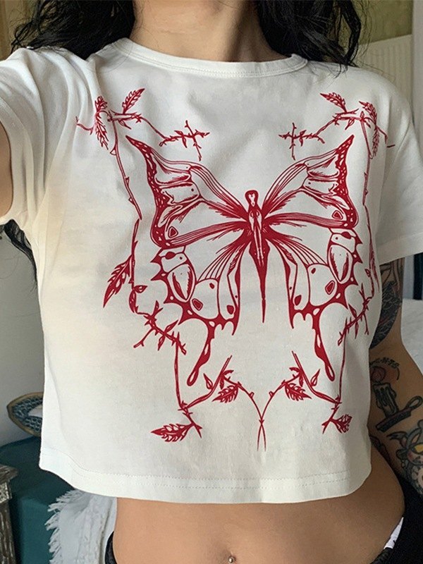 WHITE CROP TOP WITH RED BUTTERFLY GRAPHIC - CUTE Y2K FAIRY GRUNGE